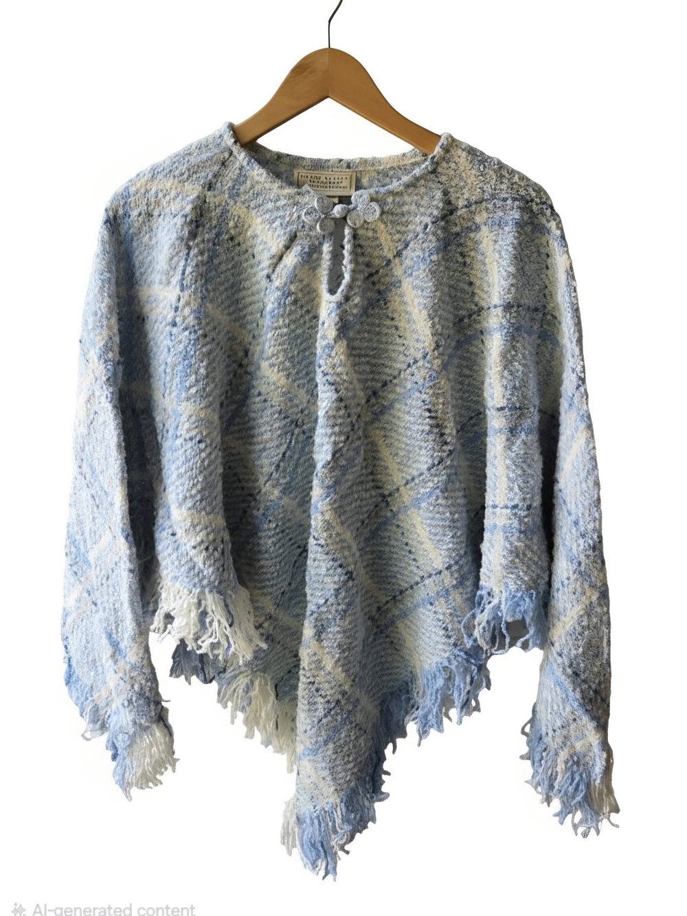 Boyne Valley Weavers Blue Plaid Fringe Wool-blend Sweater Poncho